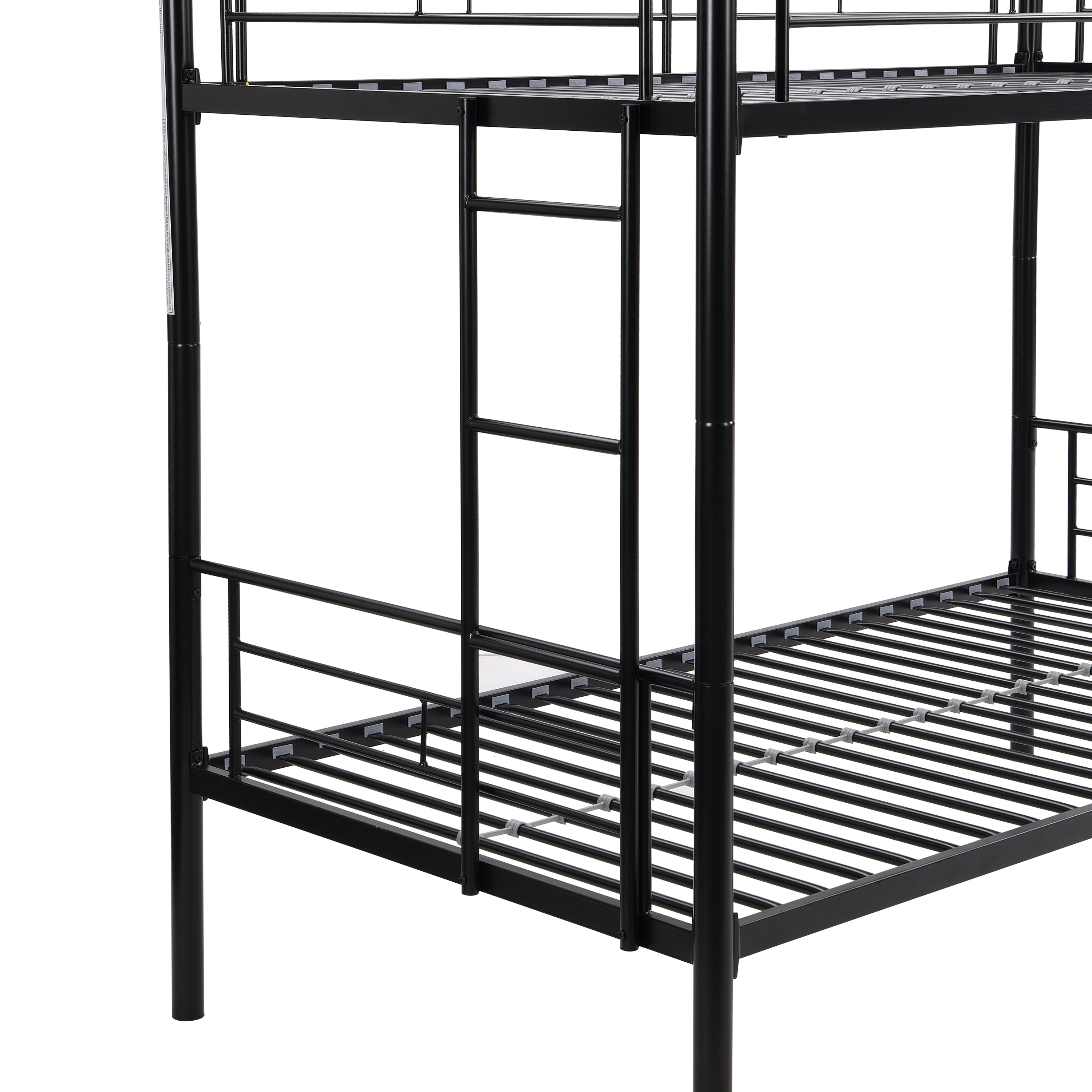 Double decker bed, size above twin bed, with 2 ladders and full-length guardrail, metal, storage space, black