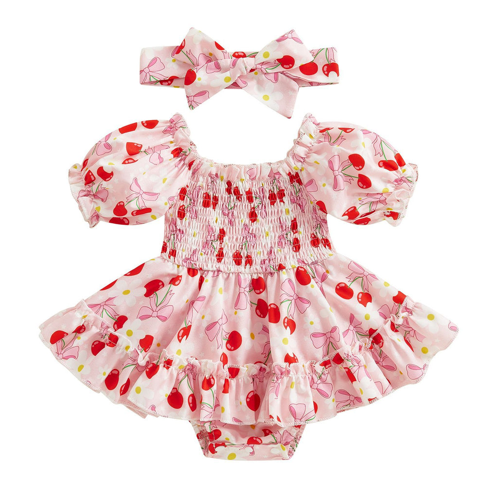 Girls' Bubble-Sleeve Romper With Tie-Dye Floral Print