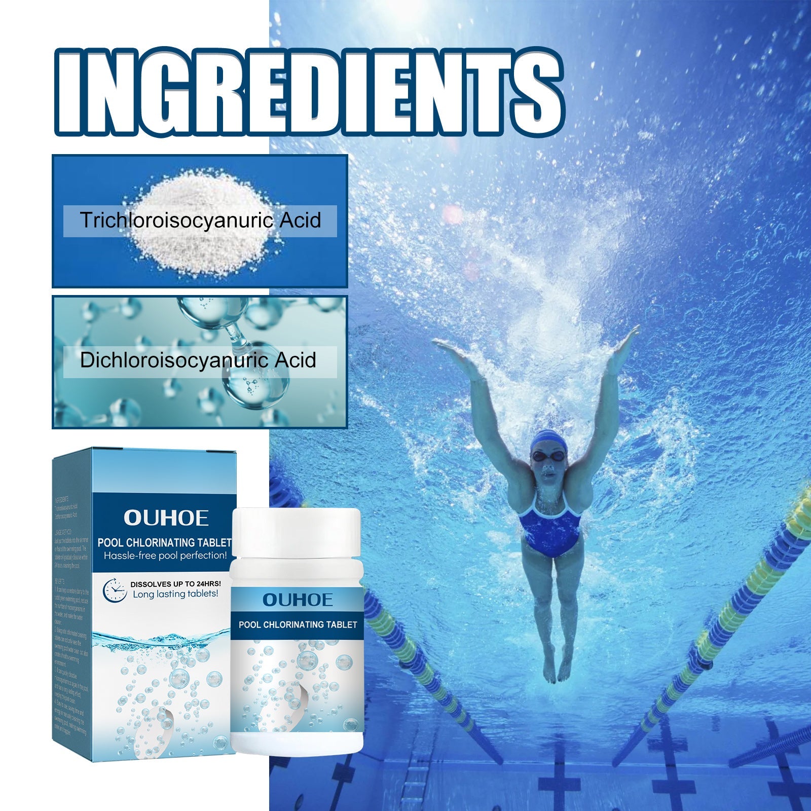 Pool Chlorinated Tablet, Water Quality Cleaning, Odor Removal Instant Multi-Functional Effervescent Tablet