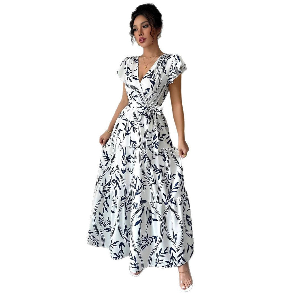 Spring Summer New Printed Ruffled V-Neck Sexy Fitted Slimming Long Dress Gown
