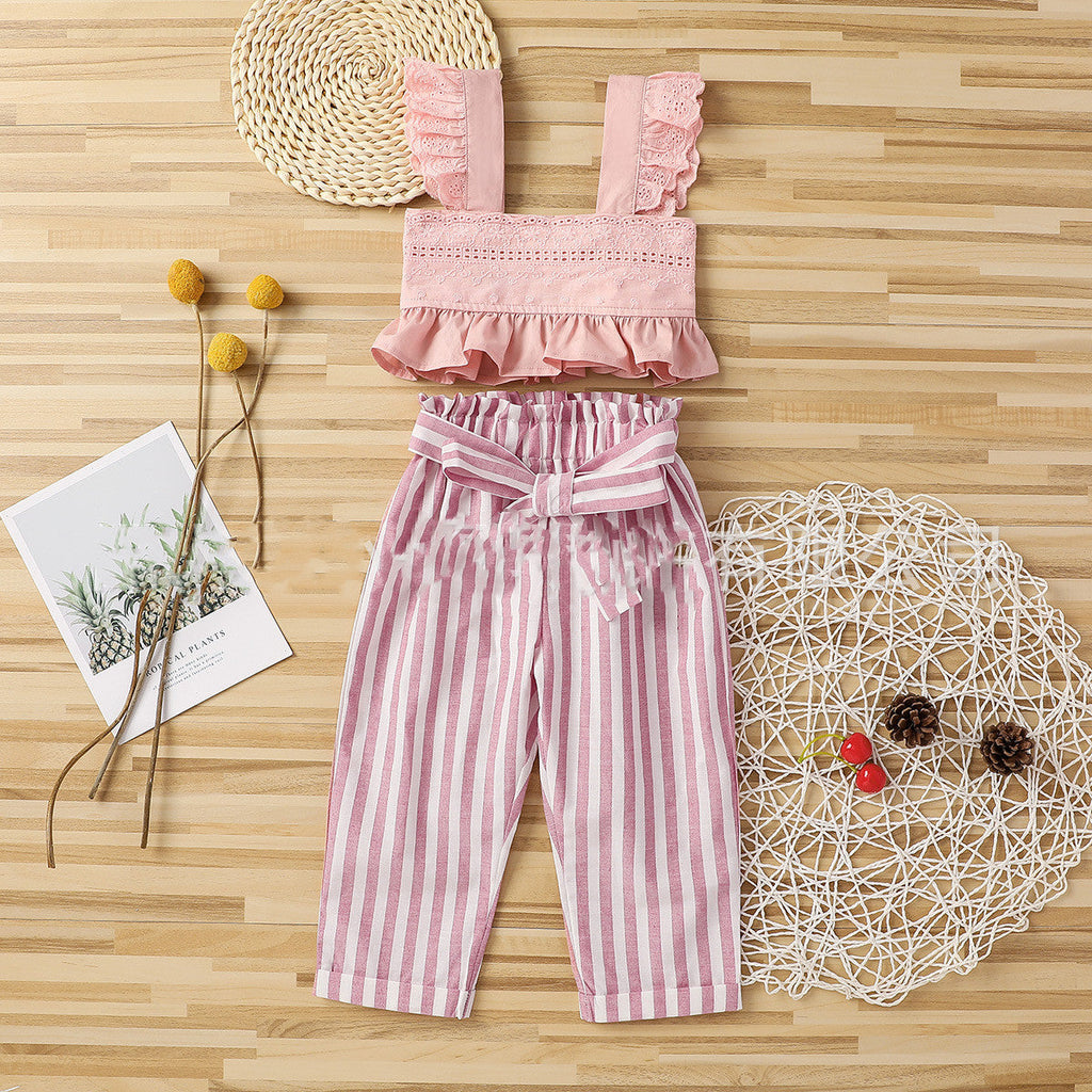 Fashionable Striped Trousers Suit With Lace And Chest Wrap