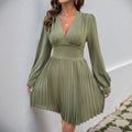 V-Neck Long Sleeve Solid Color Pleated Elegant Women's Dress