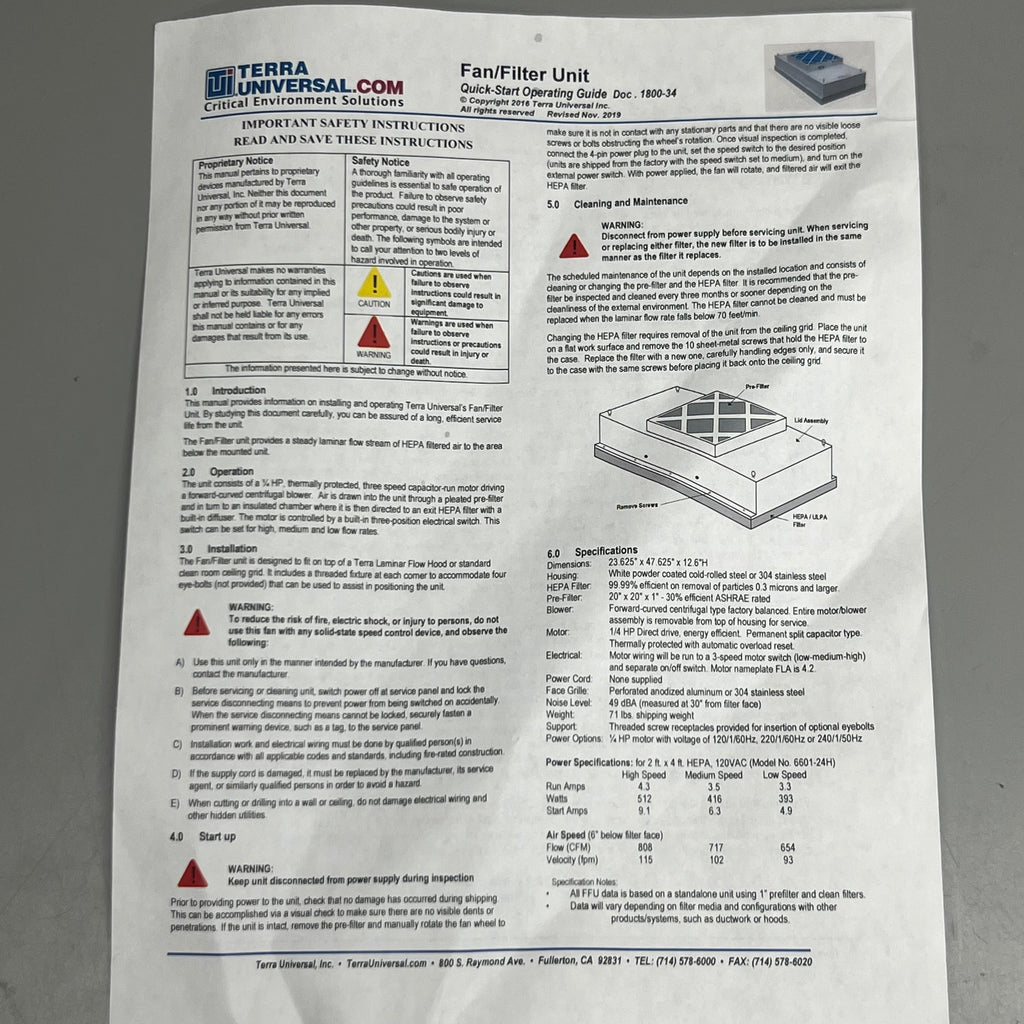 TERRA UNIVERSAL Whisper Flow Filtration System HEPA 240V 16"x36" White 6601-1636-H-220-P183498-3