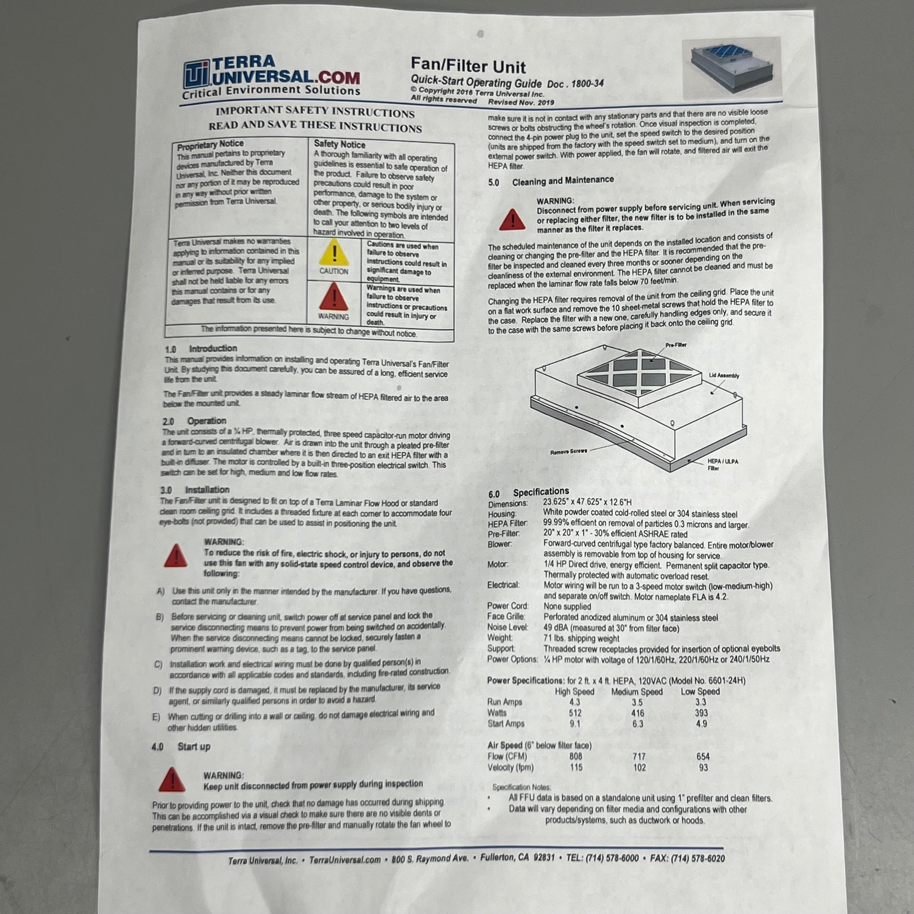 TERRA UNIVERSAL Whisper Flow Filtration System HEPA 240V 16"x36" White 6601-1636-H-220-P183498-3