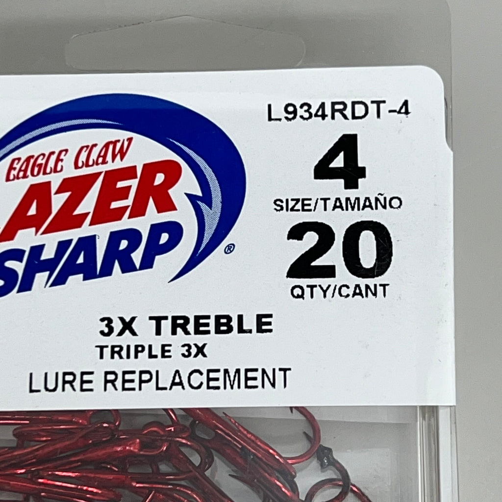 EAGLE CLAW(2 PACK) 3X Treble Regular Shank Round Bend Hook Red #4 20pc L934RDT-4