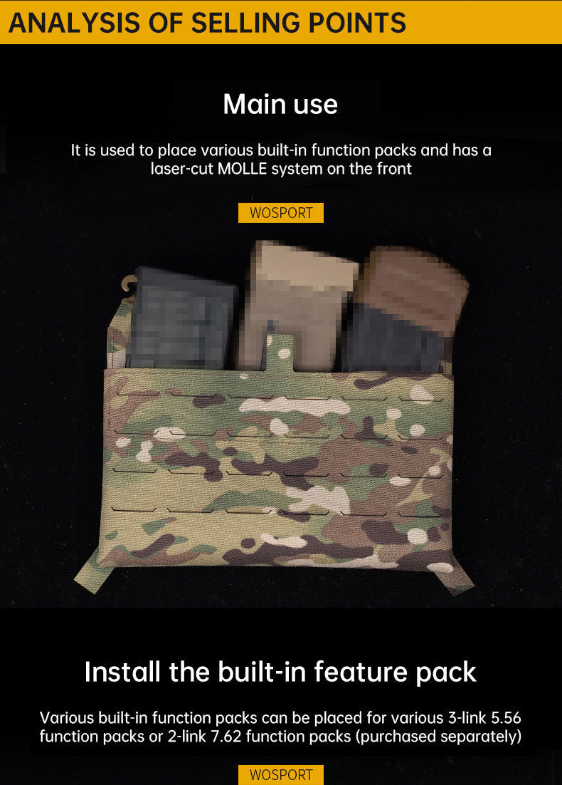 WoSporT can accommodate three 5.56 (or two 7.62) inner pockets with built-in function cover camouflage front panel