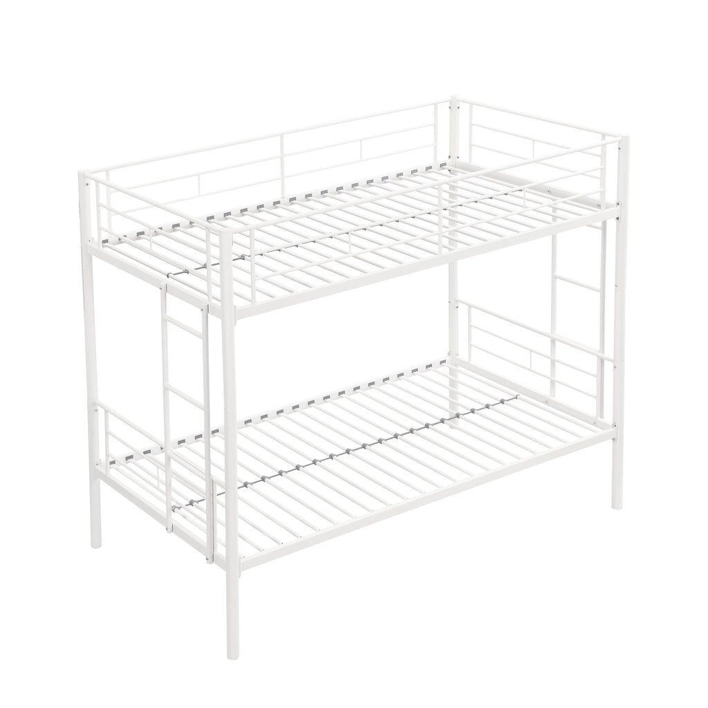 Twin metal bunk beds, metal structure bed frame with safety guardrails and 2 ladders, convertible bunk beds, white