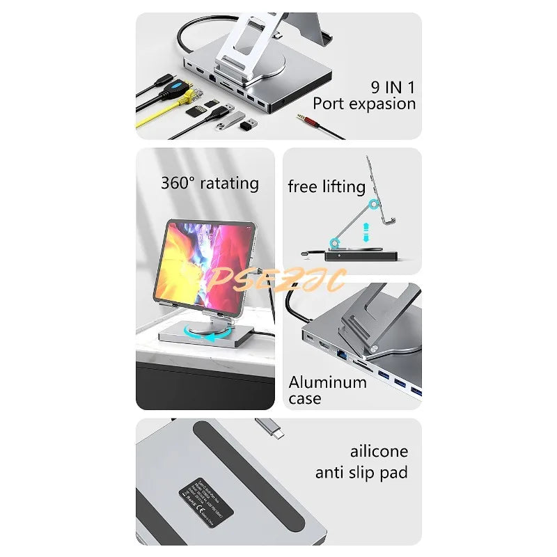 4K/60Hz Gigabit Ethernet Port USB 3.0 Splitter Hub Converter Flat Panel Rotary Stand Type-c Docking Station