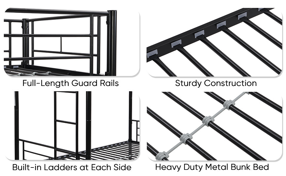 Double decker bed, size above twin bed, with 2 ladders and full-length guardrail, metal, storage space, black
