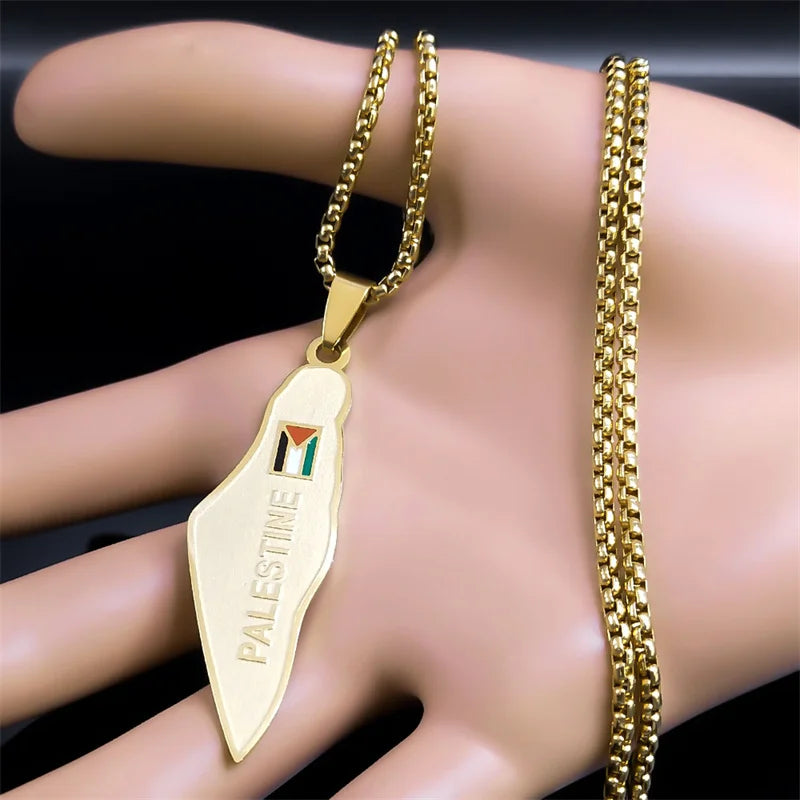 Palestine Map National Flag Necklace for Women Men Stainless Steel Gold Color Country Geography Chain Jewish Jewelry N7600S02