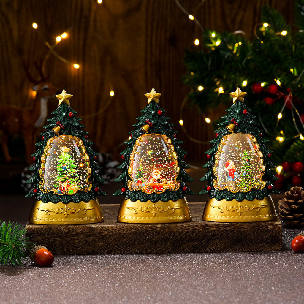 Christmas gifts, painted Christmas trees, glowing candles, oil lamps, children's small gifts, wind lamps, bar table decorations, ornaments