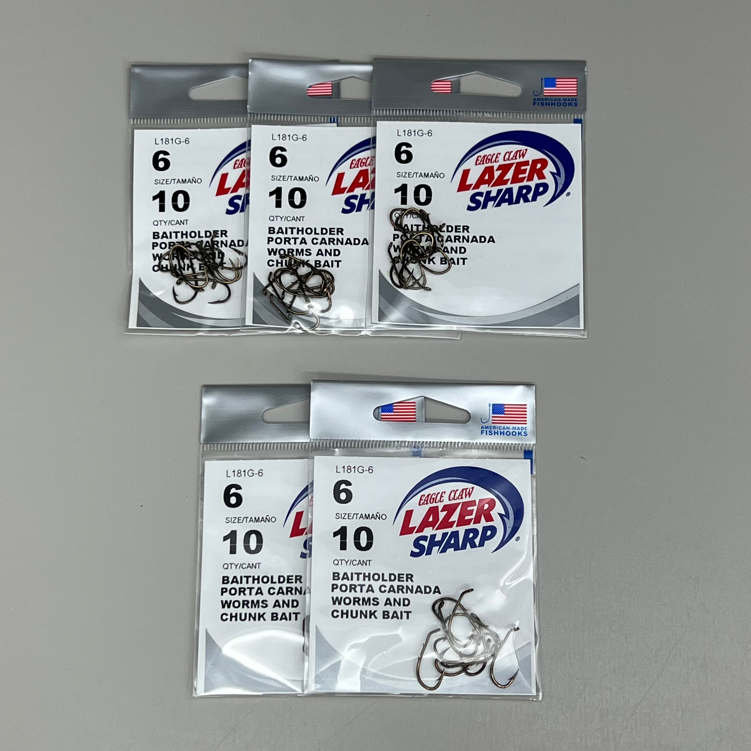 EAGLE CLAW (5 PACK) Lazer Sharp Down eye Baitholder Hook Bronze #6 10pc L181G-6