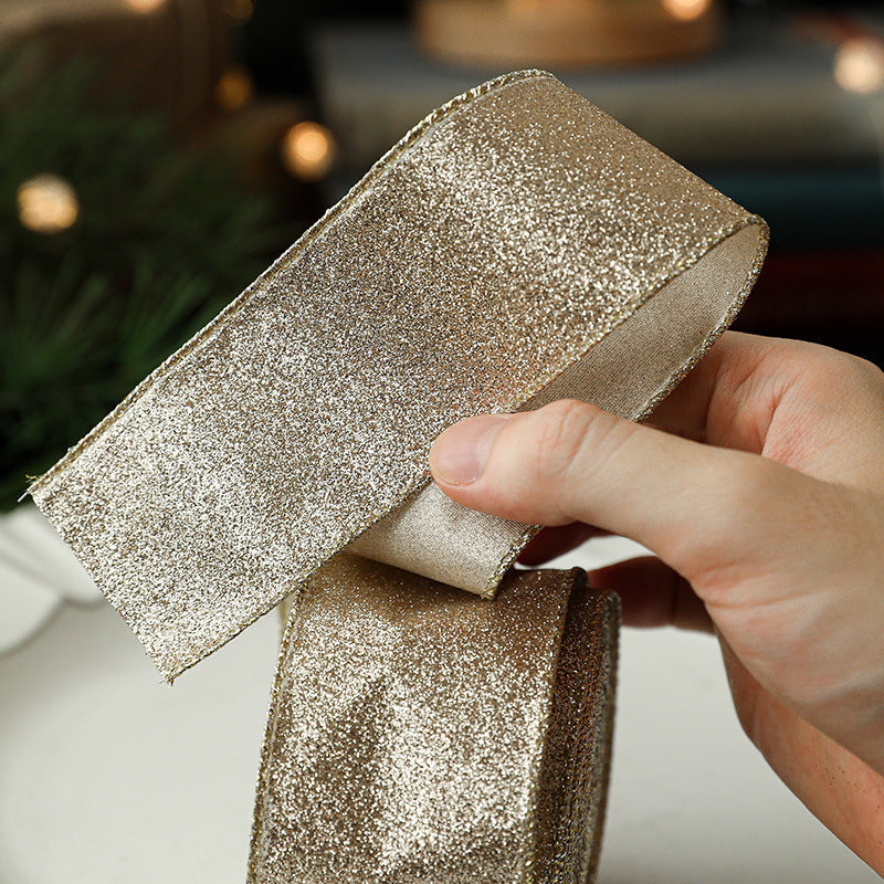 New Gold Onion Cloth Christmas Ribbon Gold Powder Decorative Bow Material Christmas Wire Edge Weaving Ribbon Decoration