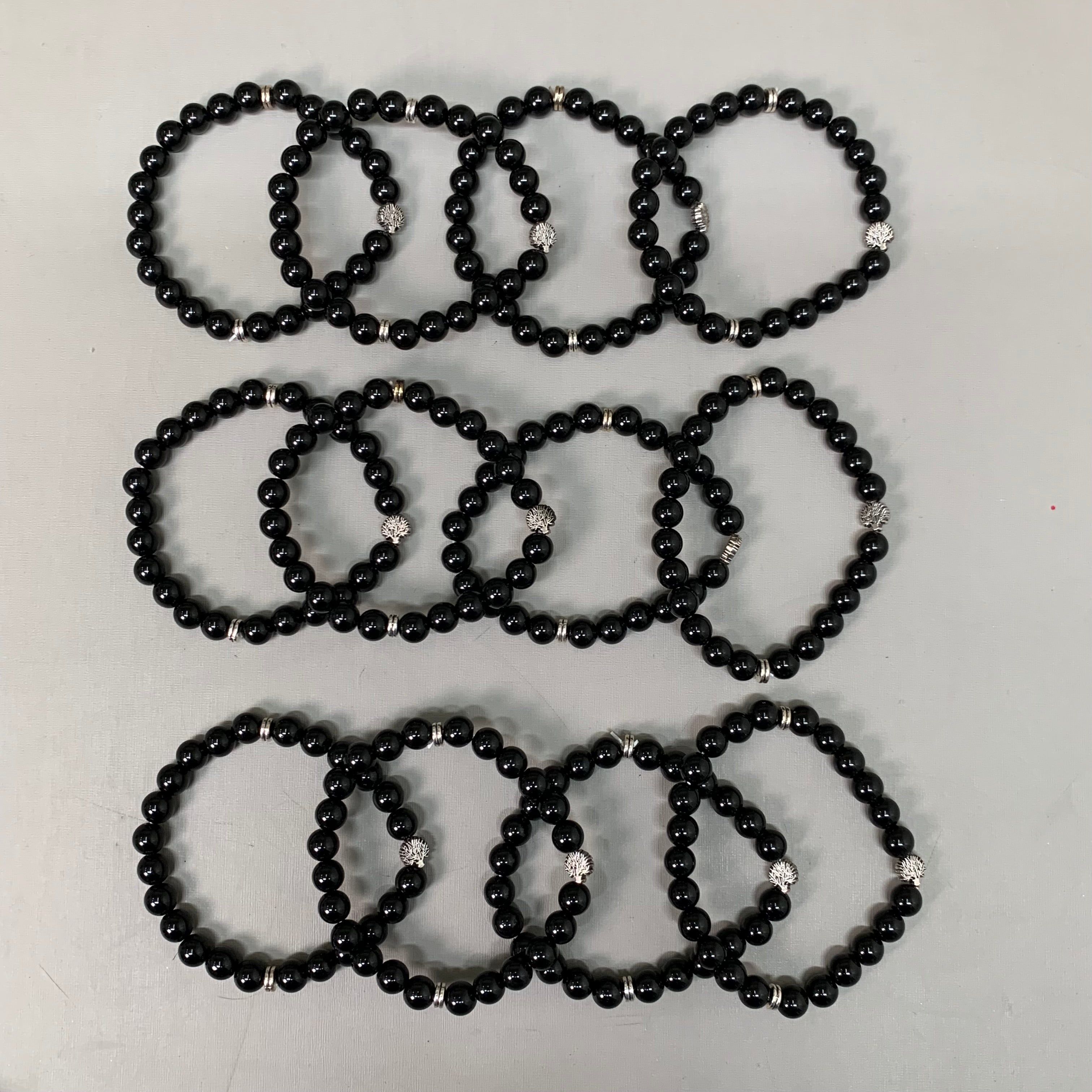 BEST WHOLESALE (12 PACK) Beaded Shiny Black Crystal Bracelets 3" Silver Tree New