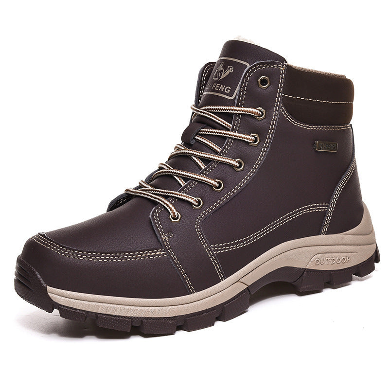 Brown Winter Mens Snow Boots Warm Plush Boots Waterproof Leather Ankle Boots Fashion Outdoor Non-slip Men's Hiking Boots Winter Ankle Snow Hiking Boots Warm Water Resistant Sport Shoes