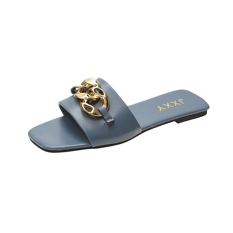 Women Sandals Design Gold Chain Closed Toe Slip On Mules Shoes Flat Heels Square Head Casual Slides Summer Slippers Open Toe Flat Sandals Metal Chain PU Leather Slides Shoes