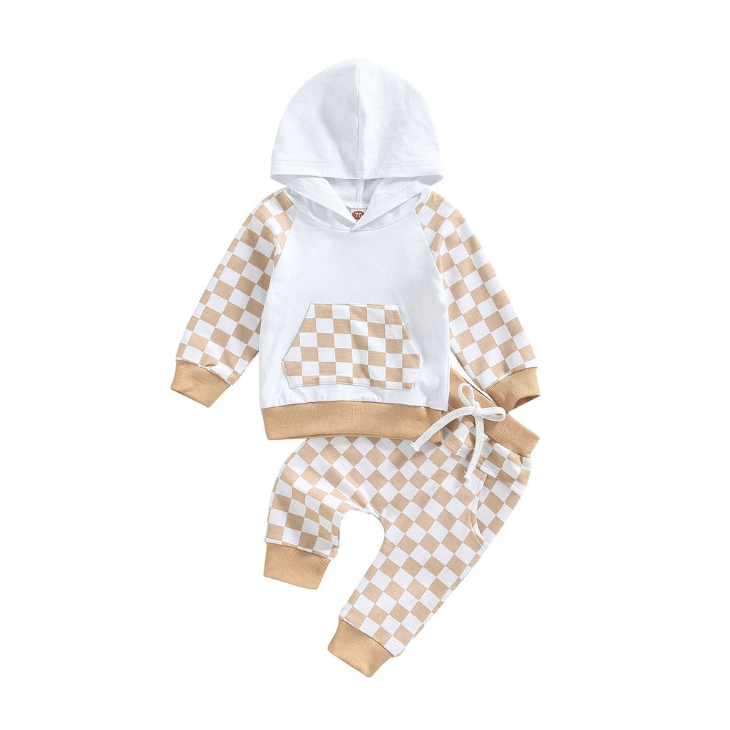 Casual Boys' Plaid Patchwork Hoodie Trousers Suit