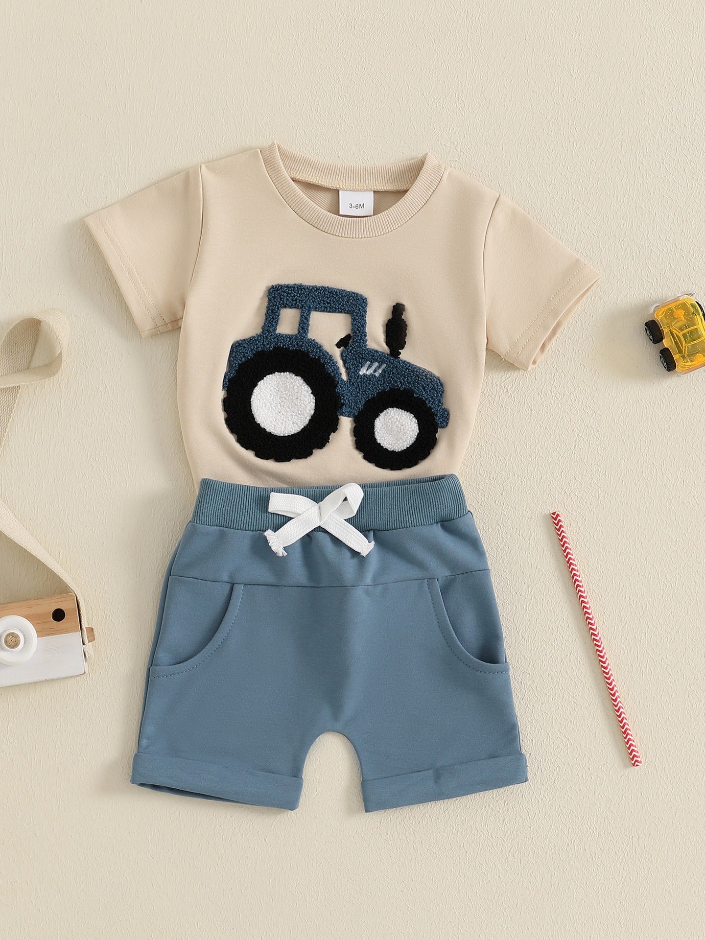 Toddler Boys Summer Outfits Truck Embroidered Round Neck