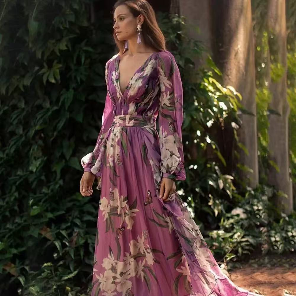 Winter New  Style V-Neck Long Sleeve Four-Way Stretch Printed Flared Dress