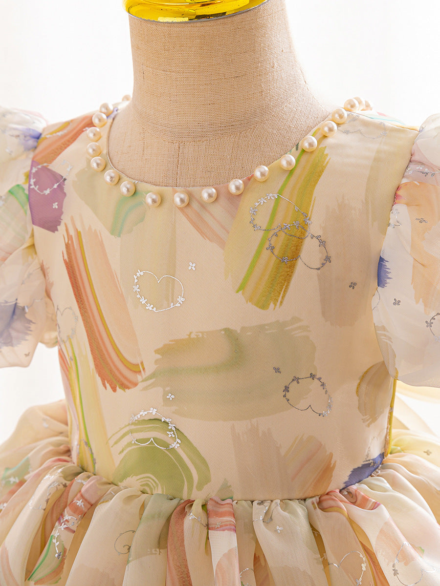Fashion Puff Sleeve Bowknot Girl Dress