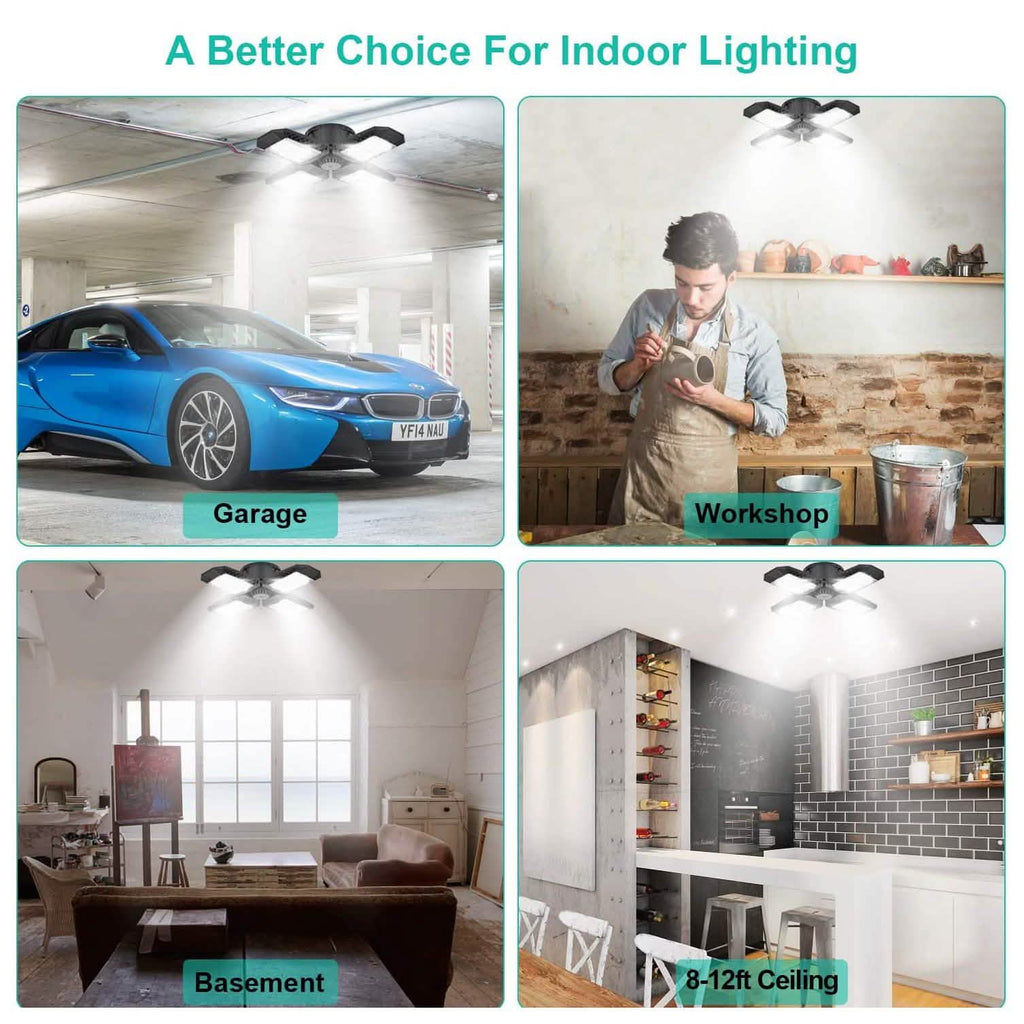 80W Deformable LED Garage Ceiling Lights with 4 Adjustable Panels