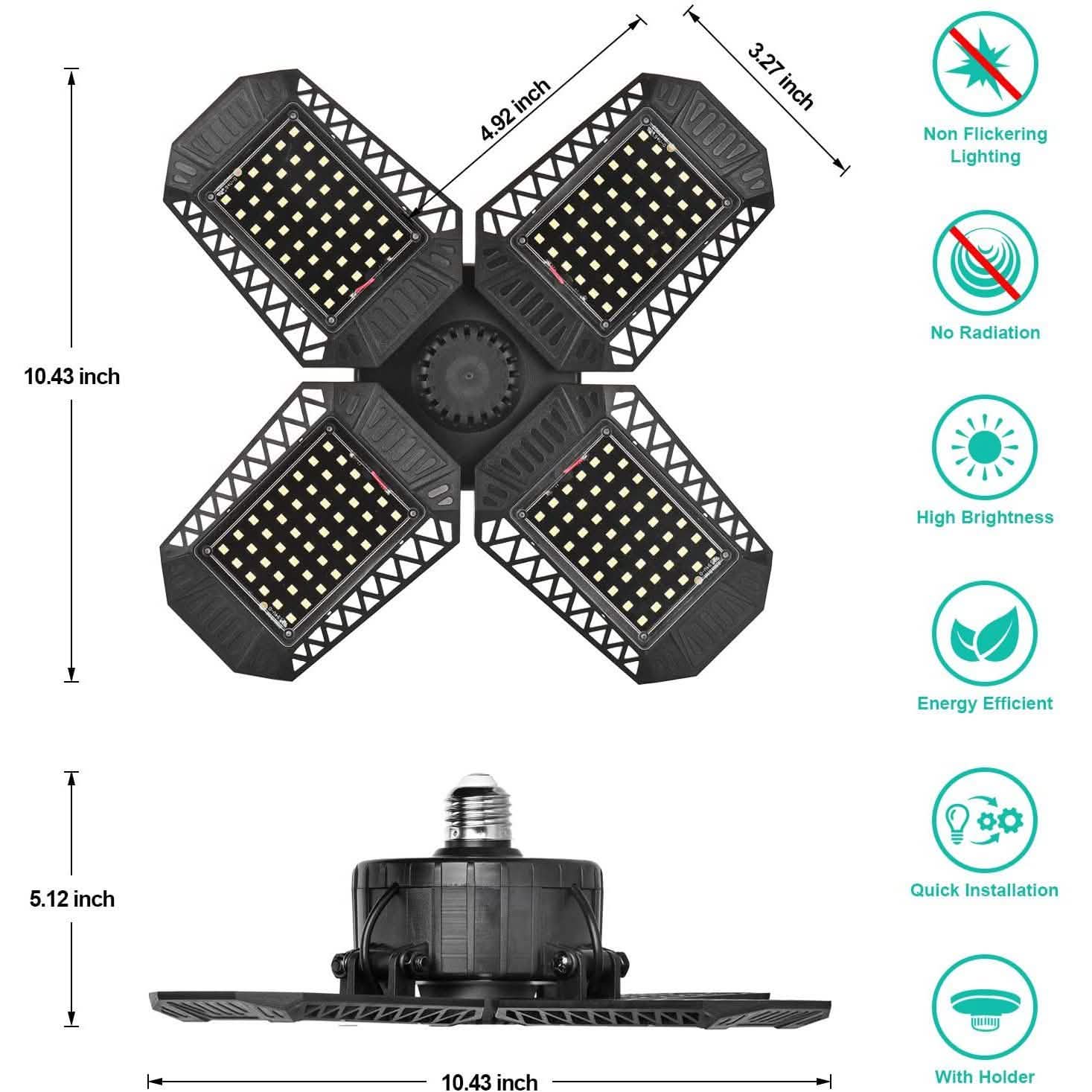 80W Deformable LED Garage Ceiling Lights with 4 Adjustable Panels