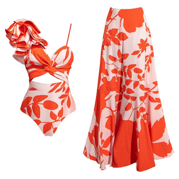 Single shoulder lotus leaf edge one-piece swimsuit with hollowed out waist for slimming effect