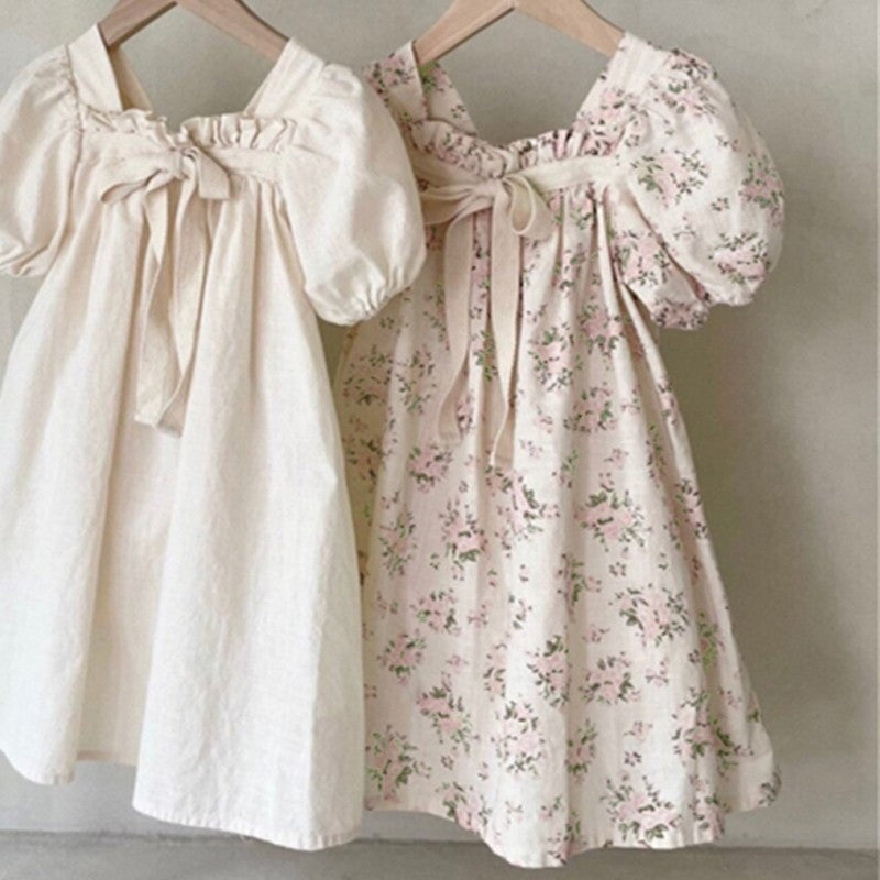 Girls Bow Bubble Sleeve Floral Square Neck Dress