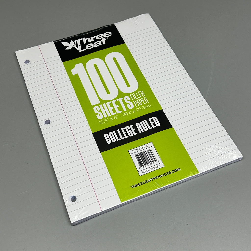 THREE LEAF (36 PACK) Filler Paper College Ruled 100 Count 10.5" x 8" (New)