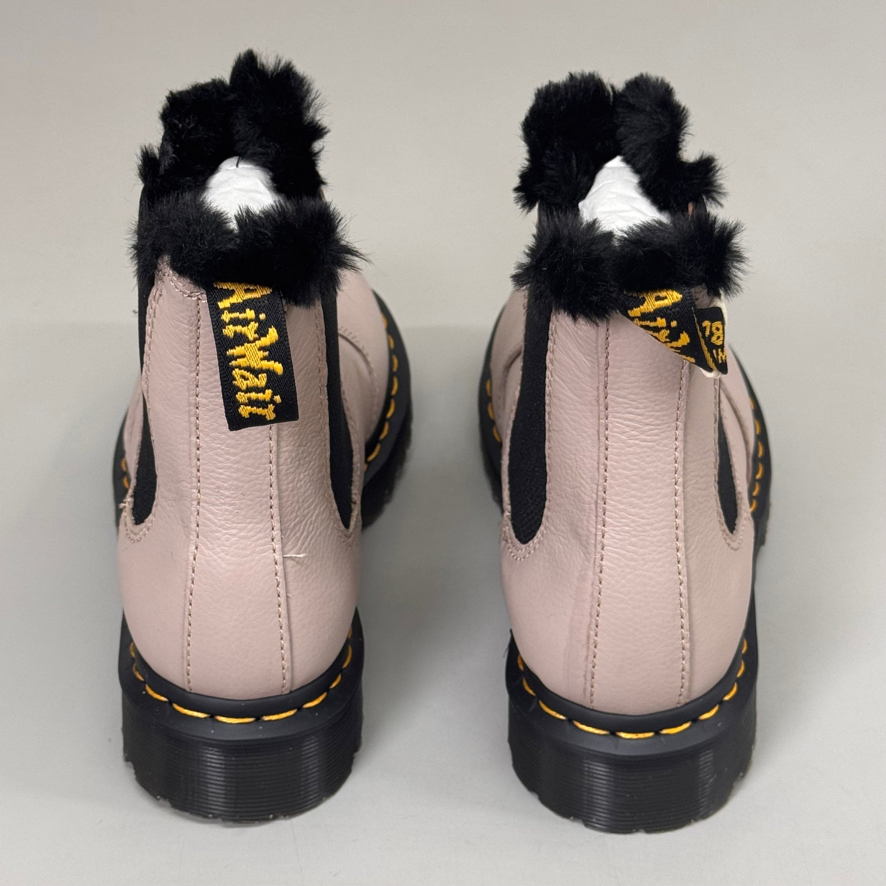 DR MARTENS Leonore Faux Fur-Lined Virgina Leather Boots SZ 9 Vintage Taupe