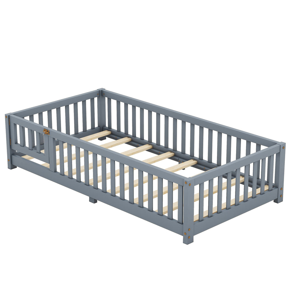 Twin Size Bed Floor Bed with Safety Guardrails and Door for Kids, Gray