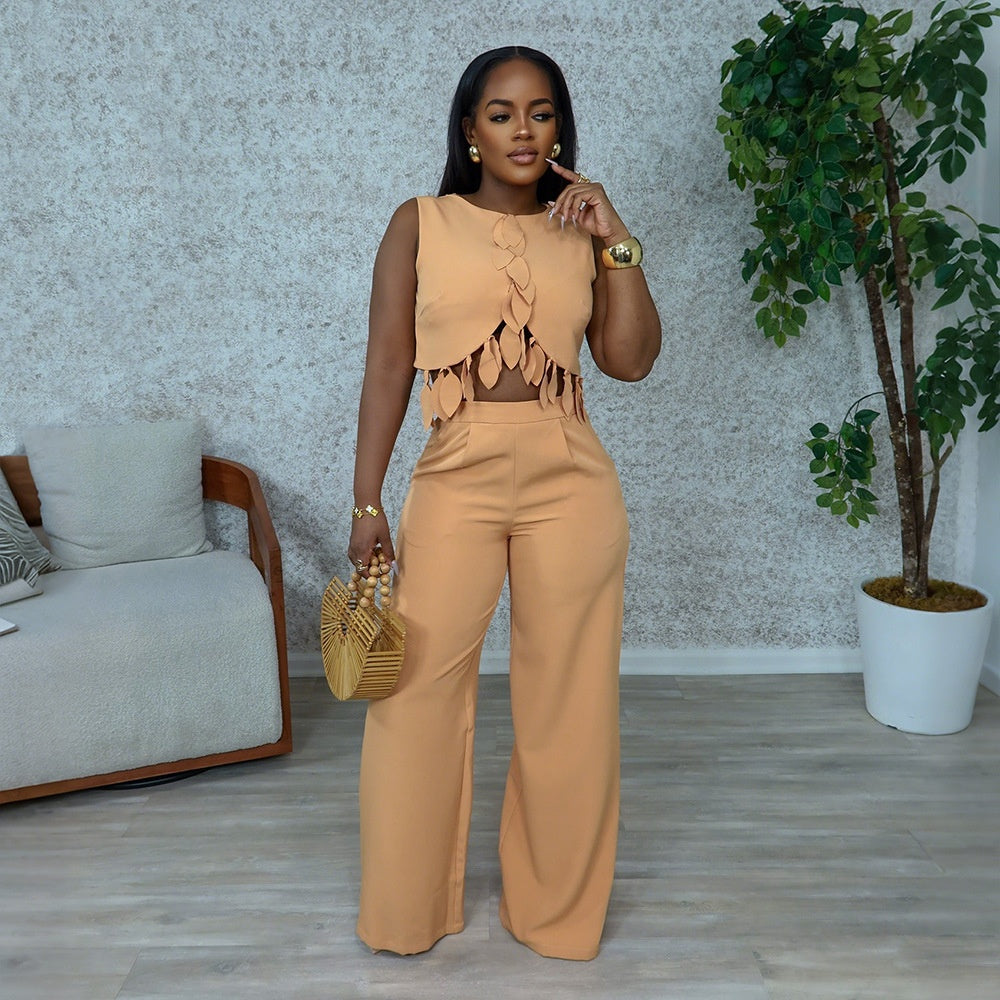 Round Neck Casual Sleeveless Sexy Top with Slim Long Pants Two-Piece Women's Set