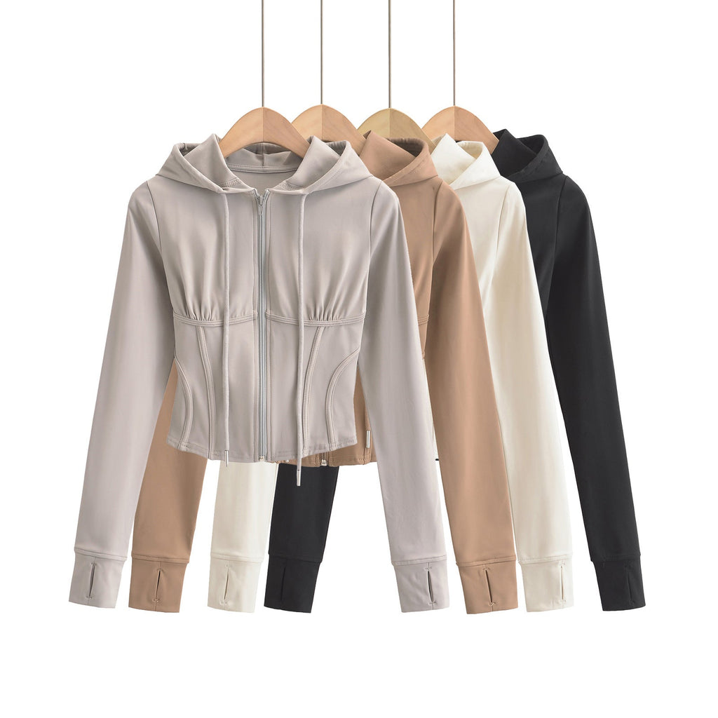 Slim fit drawstring hooded zipper top