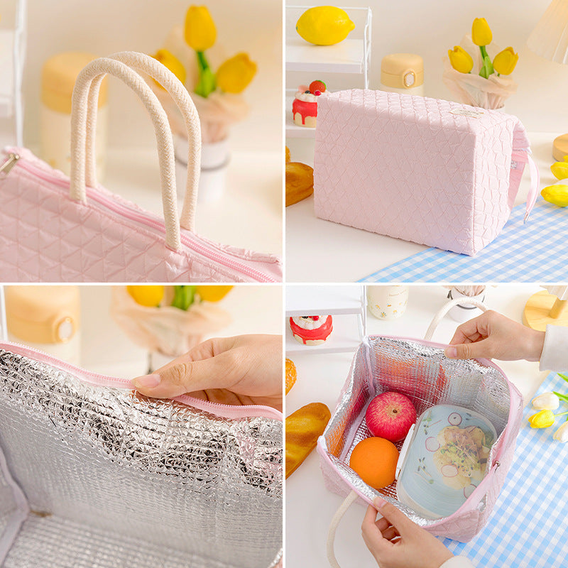 ins style small fresh outdoor large capacity picnic insulation and cold storage bag fashionable diamond pattern zipper lunch box bag student lunch bag