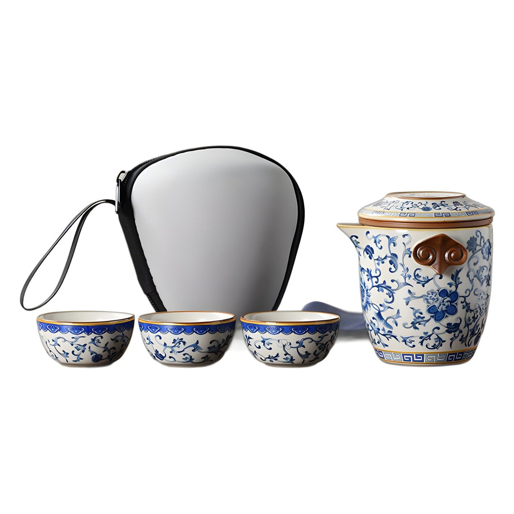 Blue and white beige Ru kiln travel tea set one pot three cups outdoor portable entwined lotus ceramic retro teapot