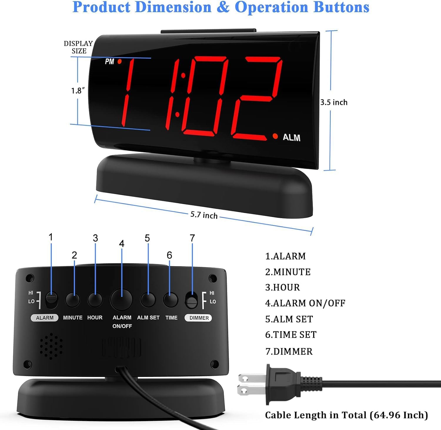 GING YHAU alarm clock large digital rotating base 2-level brightness digital clock bedroom bedside alarm clock