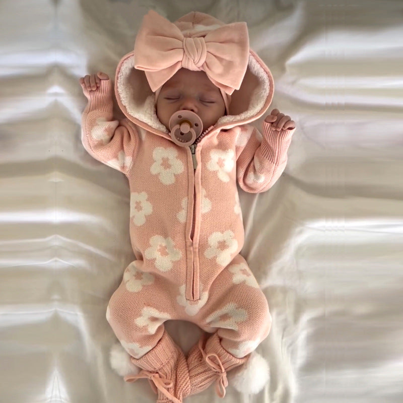 Baby Thickened Knitted Floral Zip-Up Hooded Onesie