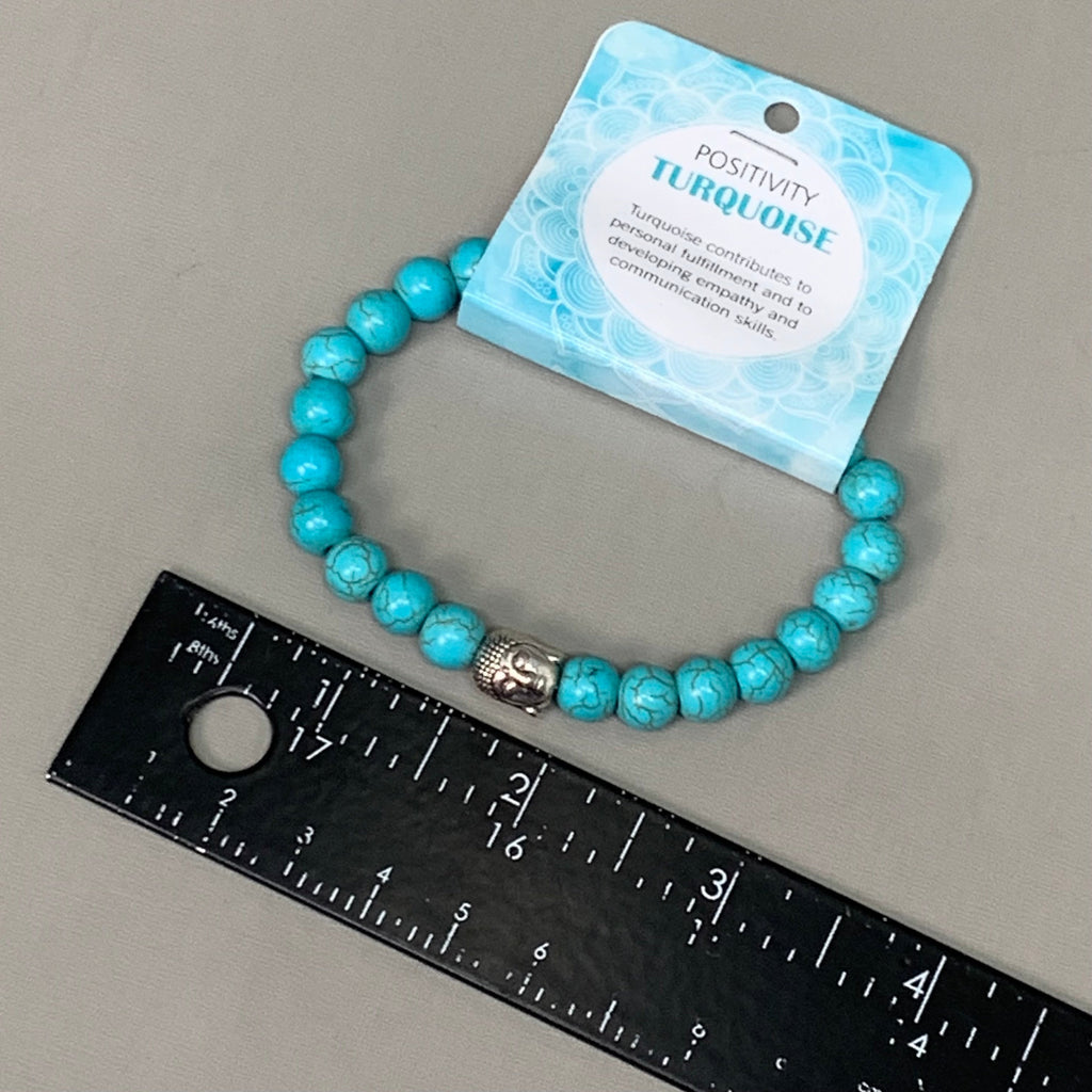 BEST WHOLESALE (12 PACK) Beaded Cracked Turquoise Crystal Bracelets 3" Silver Buddha