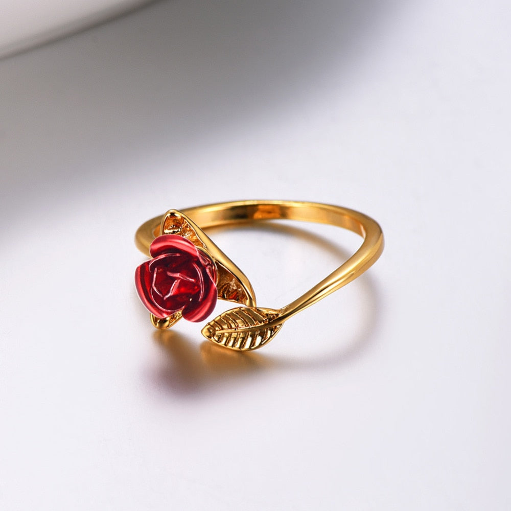 U7 Red Rose Garden Flower Leaves Resizable Finger Rings for Women Valentine's Day Gift Jewelry Hot Sale Open Ring R1019