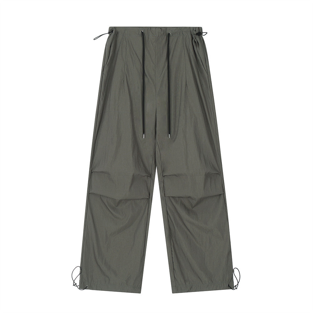 Wrinkled Casual Straight Cargo Pants Men's American Loose Solid Color Thin Sports Drawstring Cuffed Long Trousers