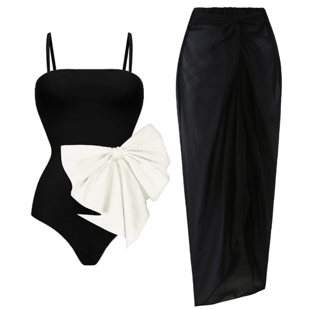 One piece swimsuit bow decoration sweet girl black and white contrasting swimsuit female