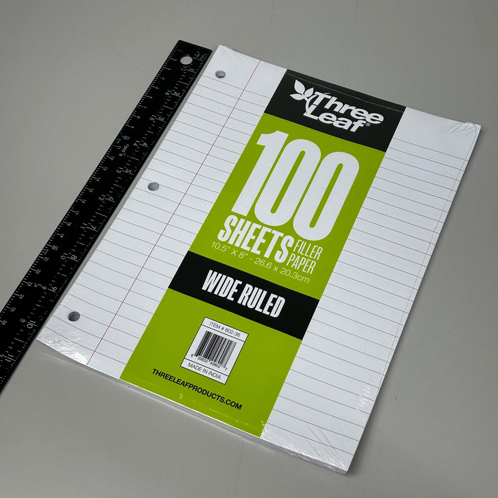 THREE LEAF (36 PACK) Filler Paper Wide Ruled 100 Count 10.5" x 8" (New)