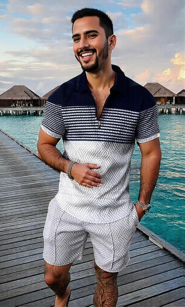 Men's Summer Fashion 3D Printed Short Sleeve Geometric Zip Lapel Shirt Set