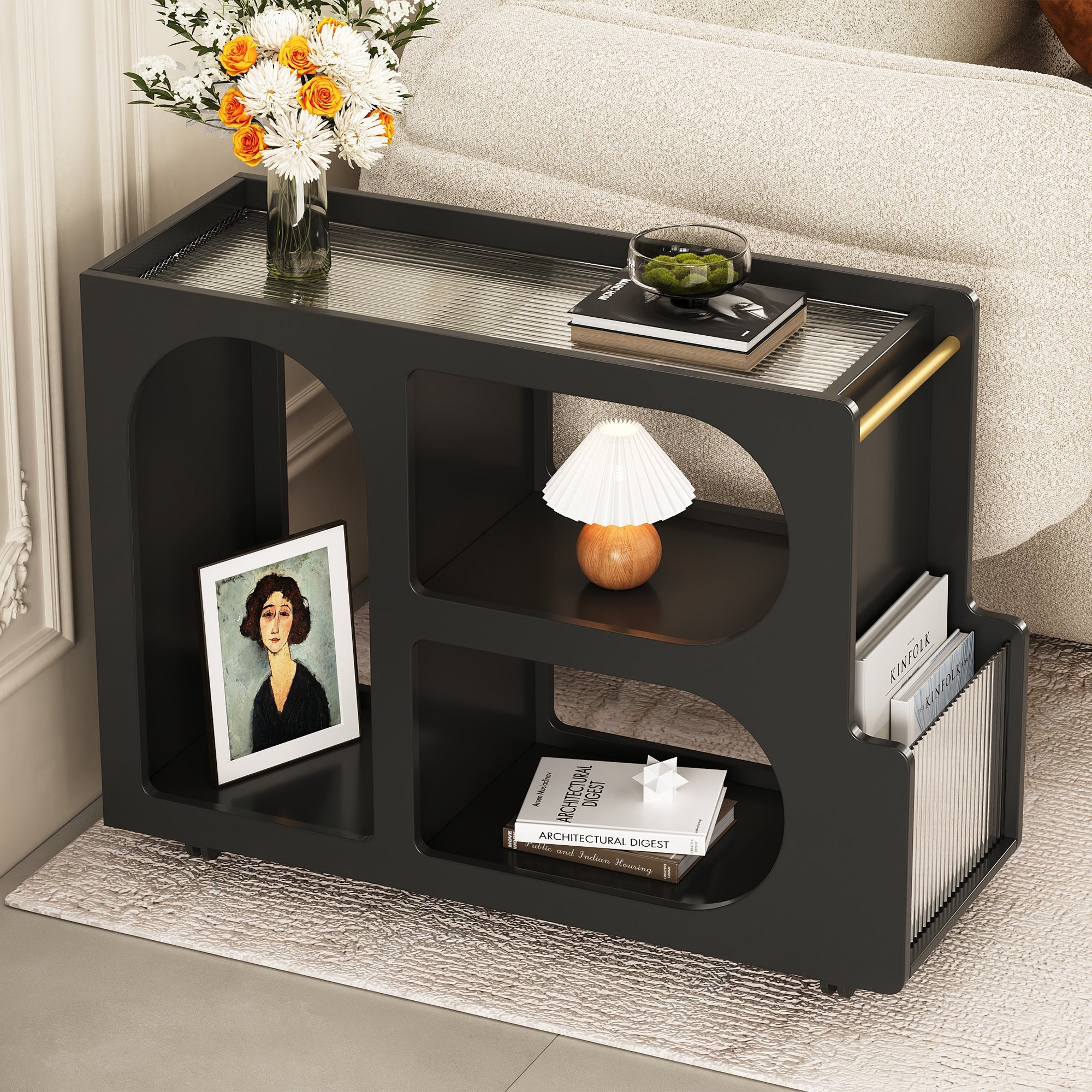 Stylish mobile desk with lockable wheels,bedside table with 5mm thick grooved tempered glass and gold round bars ，black