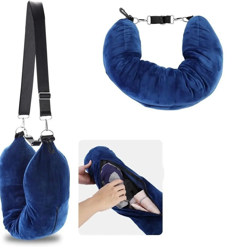 Airplane Travel Sleeping Pillow - U-Shaped Velvet Pillowcase, Fillable Design with Storage Pouch