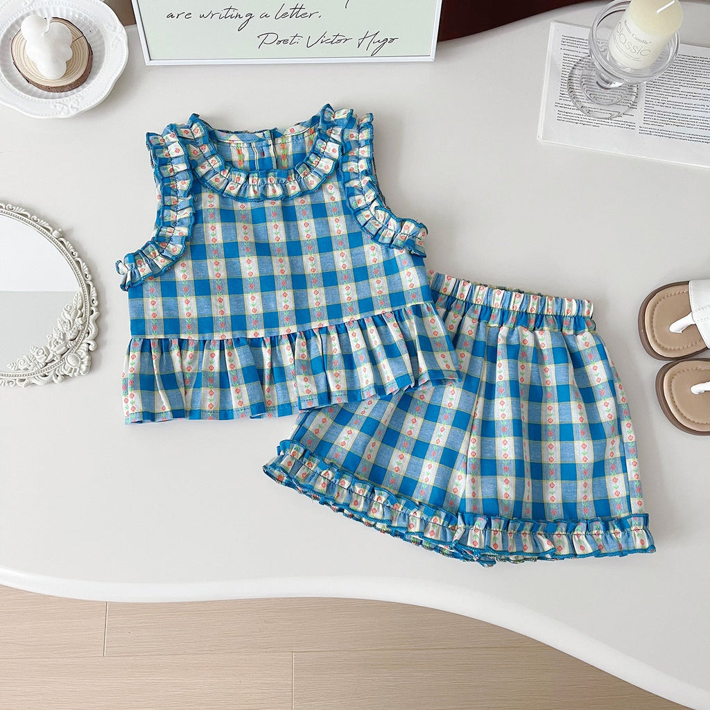 New Summer Korean-Style Polyester Plaid Three-Piece Set For Girls