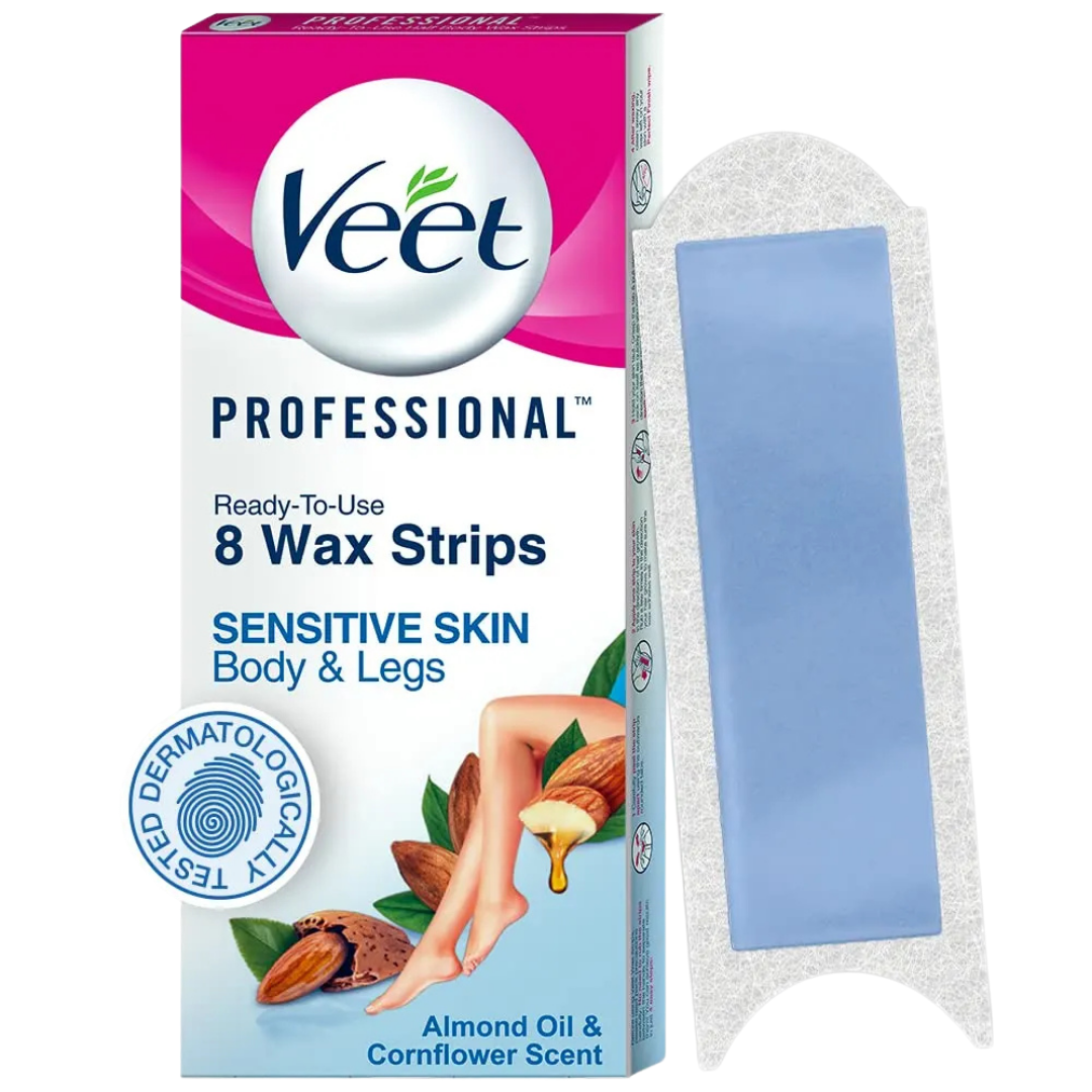 Veet Professional Ready-to-Use Wax Strips for Sensitive Skin Body & Legs (8 ct)