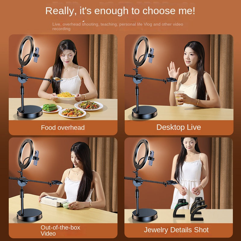 Mobile Phone Overhead Shooting Stand for Food Photography, Drawing, and Live Streaming - Adjustable Dual-Camera Position Desktop Phone Holder with Fill Light