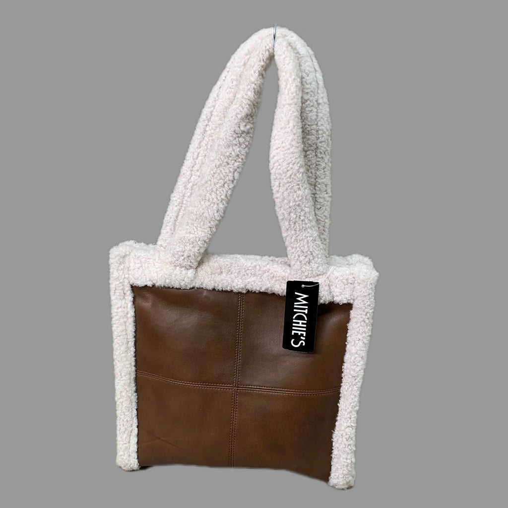 MITCHIES Leather Tote Bag Shearling Trim Button Close & Pockets Brown PRMK07