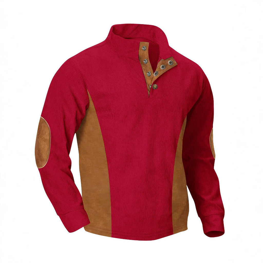 European men's casual stand up collar long sleeved corduroy sweatshirt with pit stripe